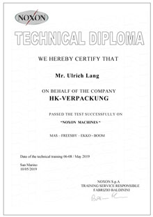 Noxon Verpackungsmaschinen- Technisches Diplom für Ulrich Lang HK-Verpackung